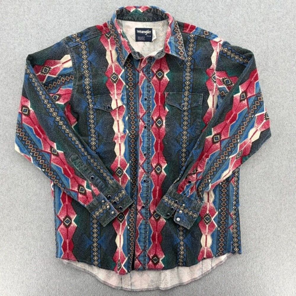 Vintage Wrangler Aztec Western Pearl Snap Shirt 17.5x36 USA Cowboy Ranch Flannel